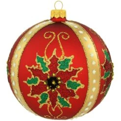 Poinsettia Designs On Red Glass Ornament