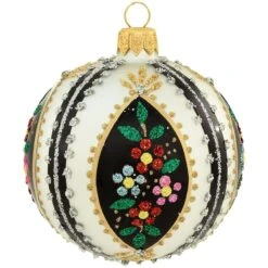 Flowers On Black And White Glass Ornament