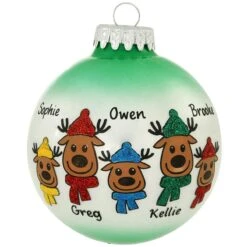 Personalized Reindeer Family Of 5 Glass Ornament