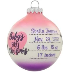 Personalized Baby's First Christmas Stats With Snowflakes Pink And Purple Glass Ornament