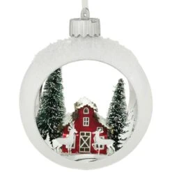 Barn Scene With Deer LED Ornament In 4 Inch Glass Ring