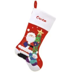 20.5 Inch Personalized Red Stocking, Santa With Snowman And Tree