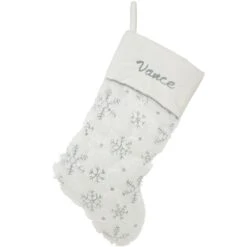 Personalized 20.5 Inch White Fur Stocking With Silver Snowflakes And Velvet Cuff
