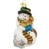 Snowman With Pets Glass Ornament