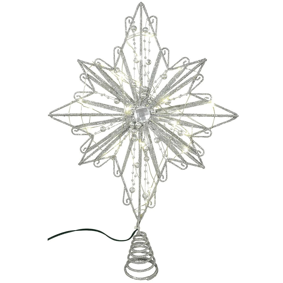 15.5 Inch LED Star Tree Topper With Silver Glitter And Beads 1 15.5 Inch LED Star Tree Topper With Silver Glitter And Beads