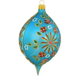 Aqua Blue With Flowers 5 Inch Oval Teardrop Glass Ornament