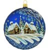 Round Medallion Sapphire Blue With Cabin Scene 4" Glass Ornament