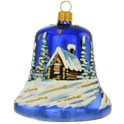 Blue Shiny Bell With Cabin Scene 2.75 Inch Glass Ornament