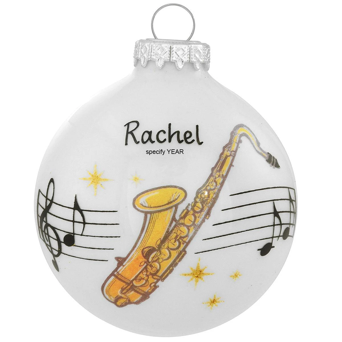 Personalized Saxophone With Music Staff Glass Ornament 1 Personalized Saxophone With Music Staff Glass Ornament