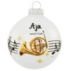 Personalized French Horn With Music Staff White Opal Glass Ornament