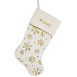 20.5 Inch Personalized White Stocking With Gold Sequin Snowflakes