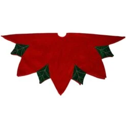 48 Inch Red/Green Velvet Tree Skirt With Poinsettia Leaves