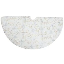 48 Inch White Fur Tree Skirt With Silver Snowflakes And Gold Swirls