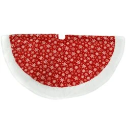 48 Inch Red Velvet Tree Skirt With Snowflakes And White Fur Border