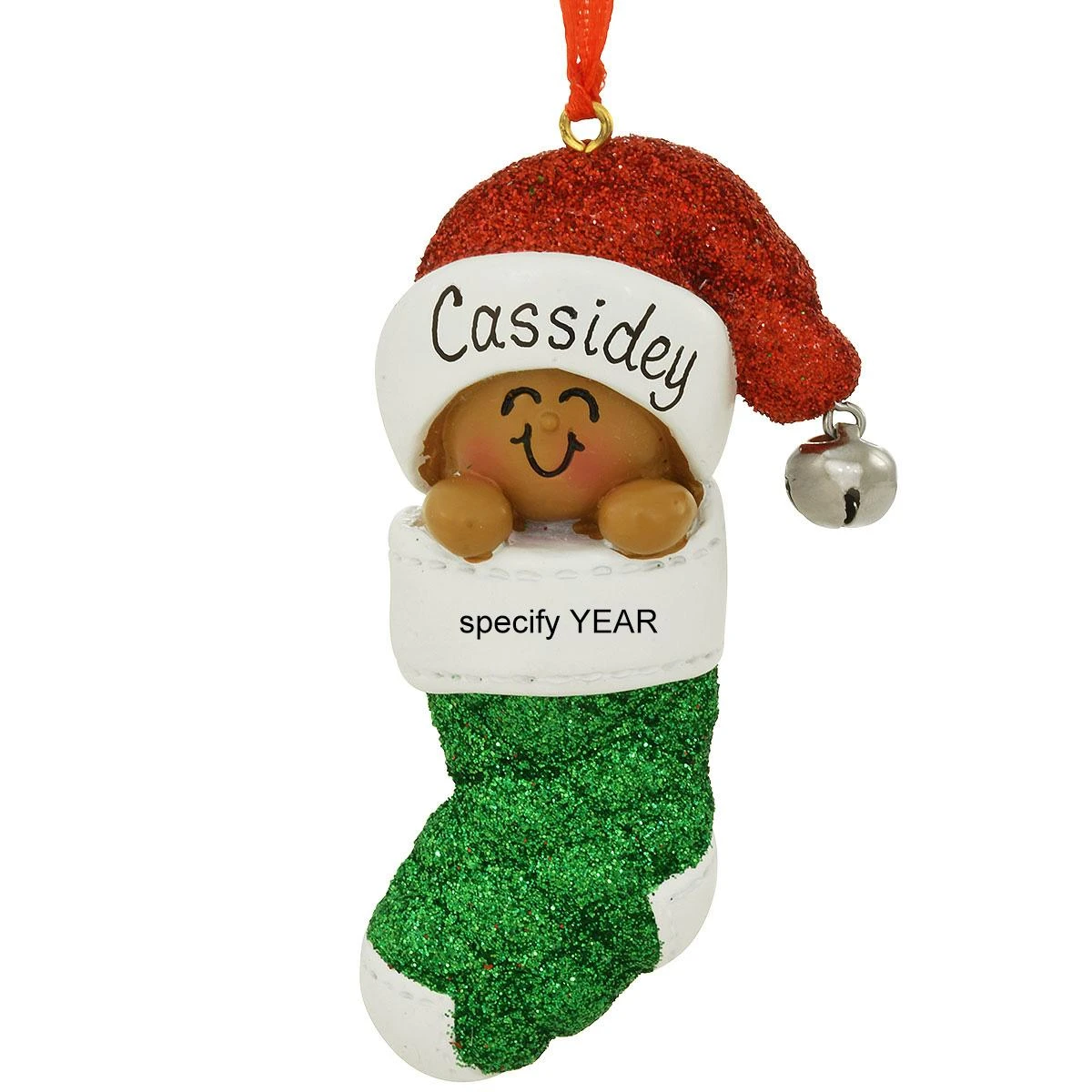Personalized African American Baby In Green Stocking Resin Ornament 1 Personalized African American Baby In Green Stocking Resin Ornament
