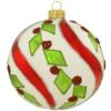 White And Red With Geometric Holly Stripe Glass Ornament