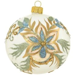 Flowers On White Ball 3.75 Inch Glass Ornament