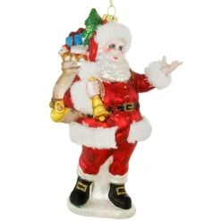 Santa With Gift Bag Glass Ornament