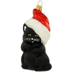 Black Cat With Santa Hat Glass Ornament
