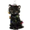 Cat Black Wrapped In Lights Glass Ornament