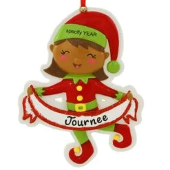 Personalized African American Girl Elf With Banner Ornament