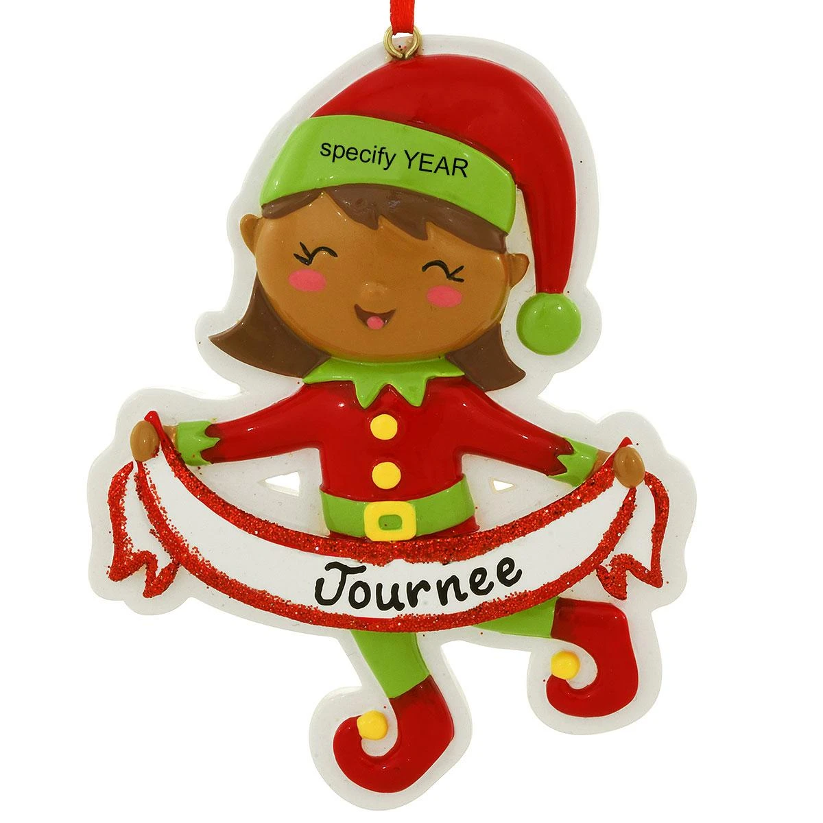 Personalized African American Girl Elf With Banner Ornament 1 Personalized African American Girl Elf With Banner Ornament