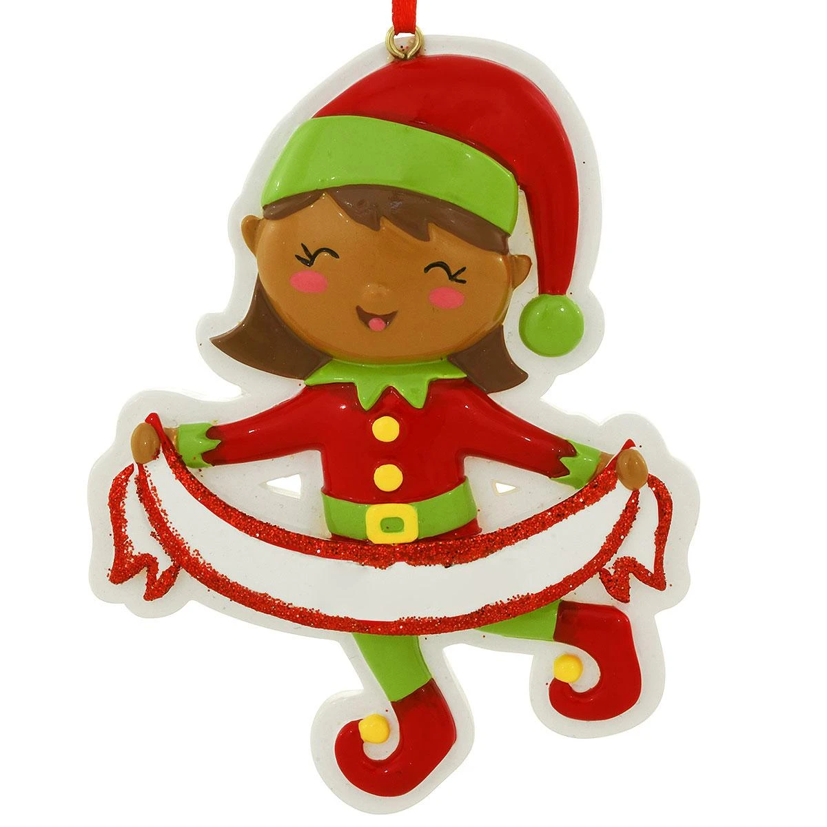 Personalized African American Girl Elf With Banner Ornament 2 Personalized African American Girl Elf With Banner Ornament - Image 2