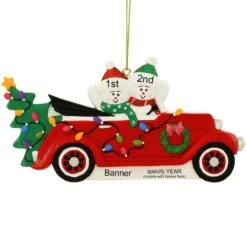 Personalized Snow Couple In Antique Car Ornament