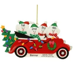 Personalized Snow Family Of 4 In Antique Car Ornament