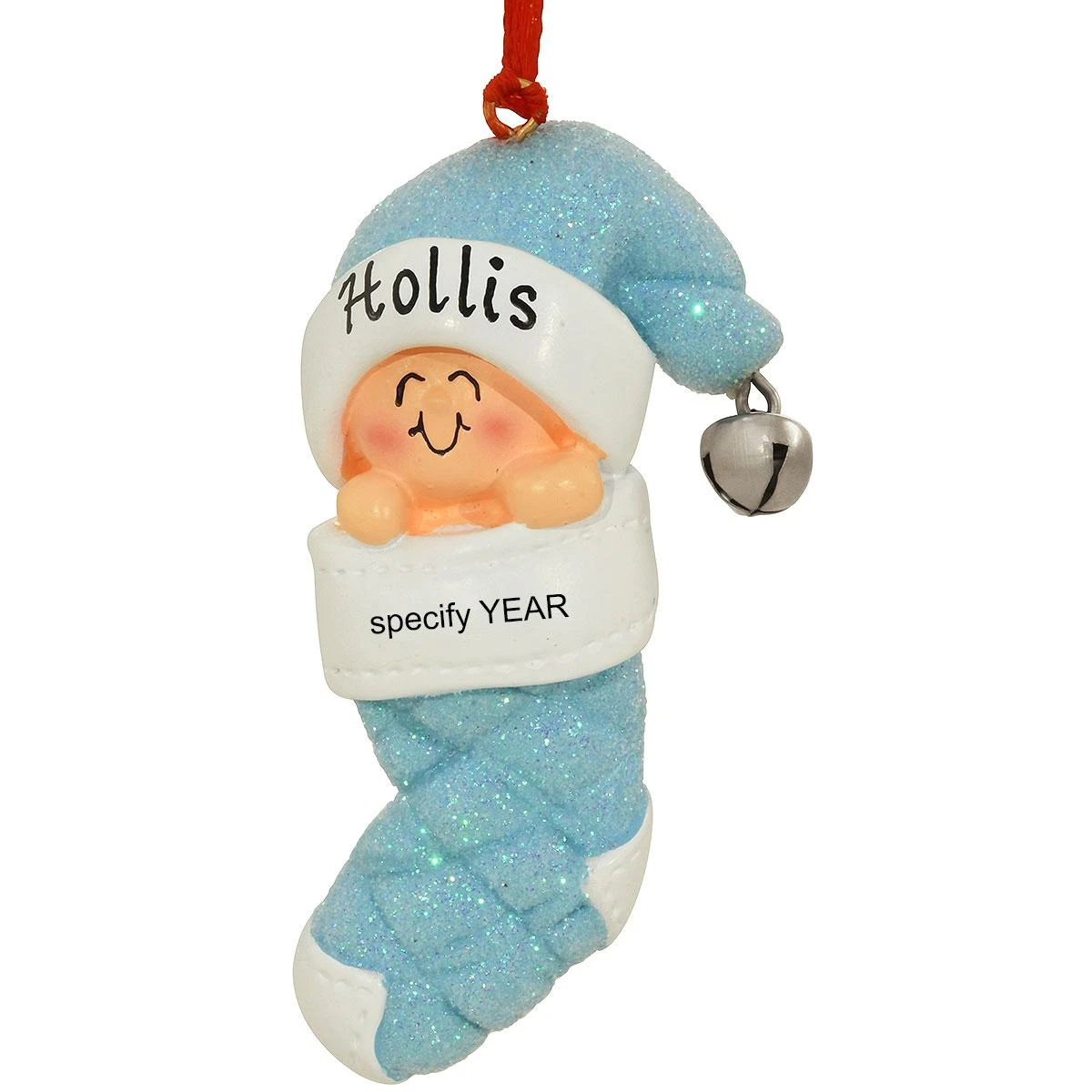 Personalized Baby In Stocking Blue Resin Ornament 1 Personalized Baby In Stocking Blue Resin Ornament