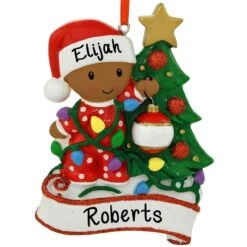 Personalized African American Baby Decorating Tree Resin